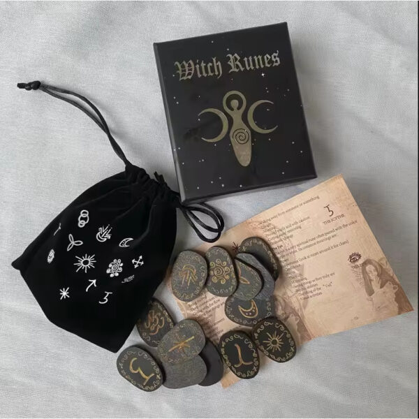 Conjunto de Runas de Madeira para Adivinhação - Bruxas – Kit Místico com 14 Peças, Símbolos Gravados + Bolsa e Manual