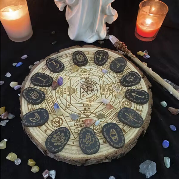 Conjunto de Runas de Madeira para Adivinhação - Bruxas – Kit Místico com 14 Peças, Símbolos Gravados + Bolsa e Manual - Imagem 2
