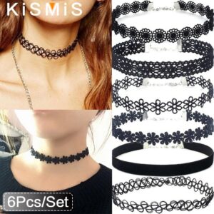 Conjunto Gótico KISMES – 6 Colares Choker de Renda Preta | Estilo Punk Vintage Feminino