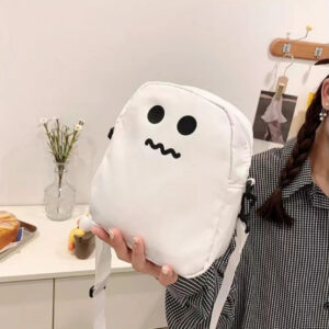 Bolsa Fantasma Kawaii Branca • Estilo Harajuku • Shopper de Lona Fofa com Zíper